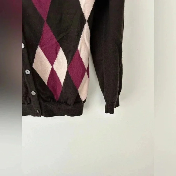 Lacoste fine merino wool argyle brown cardigan sweater - Picture 5 of 11